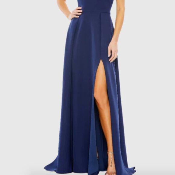 MAC DUGGAL 26989 BOW ONE SHOULDER A-LINE MIDNIGHT NAVY GOWN sz 6 - Picture 4 of 7